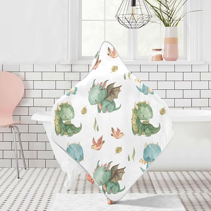 Kigai Cute Dragon Muslin Hooded Baby Towel Ultra Soft and Absorbent Bath Towel for Boy Girl Cotton Baby Bathrobe Blanket for Newborn Infant Toddler, 30x30 Inch