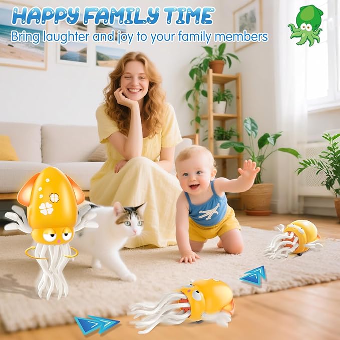 AOTIBO Baby Dancing Octopus Toy for 1 2 3 4 5 Year Old Boy Girl, Baby Tummy Time Electric Crawling Octopus Toys 12-18 Months, Dancing Squid Toy for Walking Toddlers, Kids 1st Birthday Gifts, Yellow