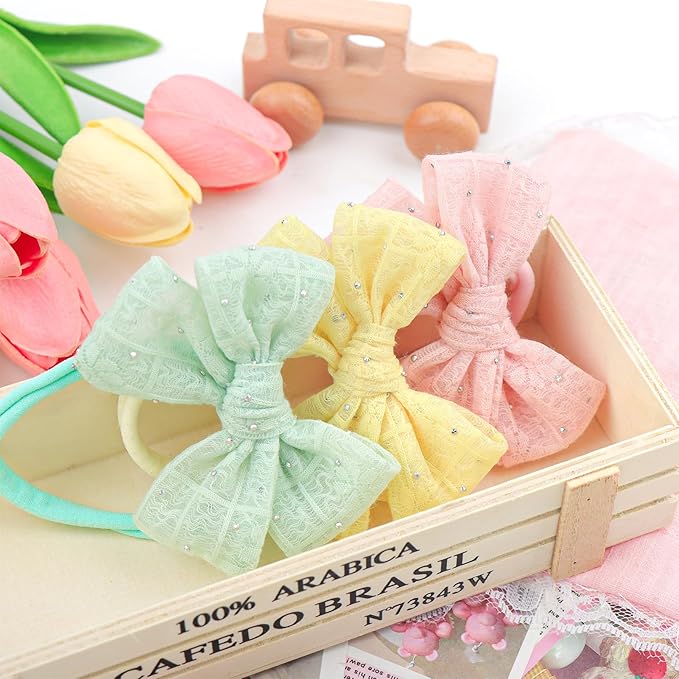YanJie 3PCS 4’’ Lace Hair Bow for Girls Soft Nylon Baby Headbands Rhinestone Pink Yellow Green Bows Hair Accessories for Newborn Infant Toddler Girl