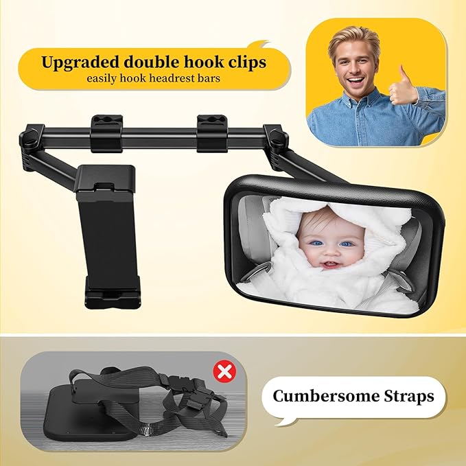 Baby Car Mirror for Baby Rear Facing - Infant Back Seat Mirrors With Holder and Hooks for Fixed Headrest Safety Large Wide Adjustable Auto Rearview, 2 In 1