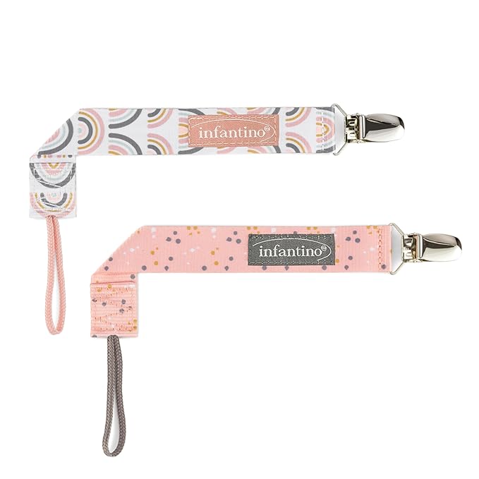 Infantino PaciGrip 2-Pack Pacifier Clips – Universal Fit, Gentle on Clothes, Keeps Pacifiers Clean & Close, Ages 0-36 Months, Pink