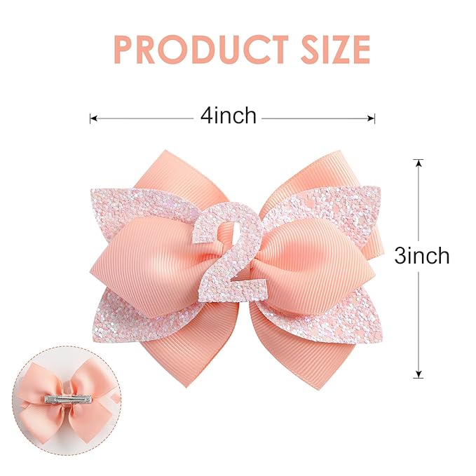 Glitter Birthday Hair Bow for Baby Girls 1 2 3 4 5 6 Years Peach Party Decoration Hair Accessories for Two 2nd Second Birthday
