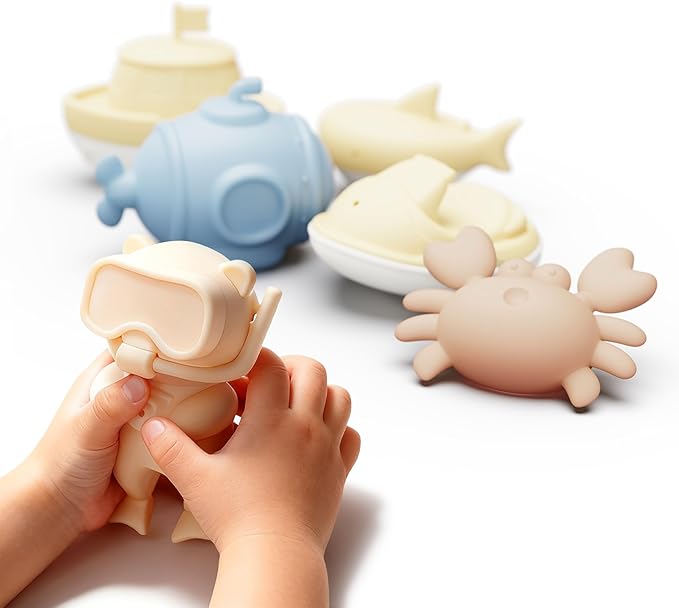 MarcZero Ocean Silicone Bath Toys 8Pcs for Toddlers Kids Babies,Bathtub Water Toys,Soft Squeezable Easy-Grip Pool Toys Set (Yellow)