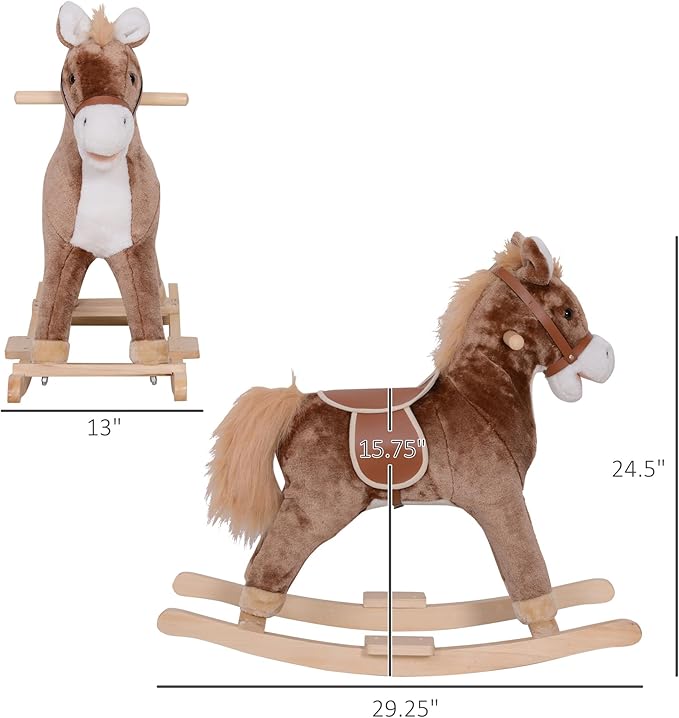 Qaba Kids Rocking Horse, Ride on Horse for Toddlers with Soft Plush Body, Wooden Base & Handle Grip for 3+ Year Old Boys and Girls, Brown