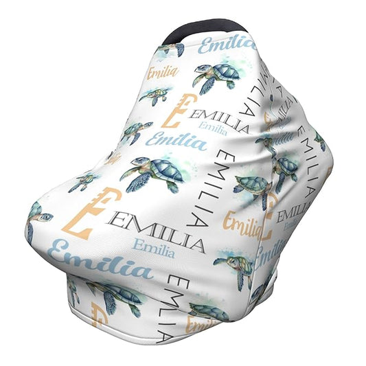 Personalized Baby Car Seat Cover with Name Stroller Canopy Custom Sea Turtle Carseat Cover Newborn Baby Boy Girl Nursing Cover for Moms First Birthday Gift