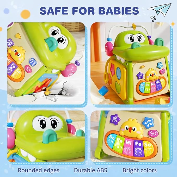 Qizebaby Montessori Activity Cube for Toddlers 1-3, Baby Activity Cube with Music & Lights, 8-in-1 Learning Toy with Shape Sorter & Bead Maze, Educational Toys for 12-36 Months Boys Girls