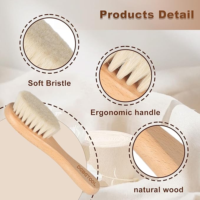 DEBETOOL Baby Hair Brush, 2 Packs - Natural Wooden Brush with Premium Goat Bristle, Ideal for Newborns & Toddlers, Promotes Healthy Hair Growth, Prevents Scalp Irritation, Off-white