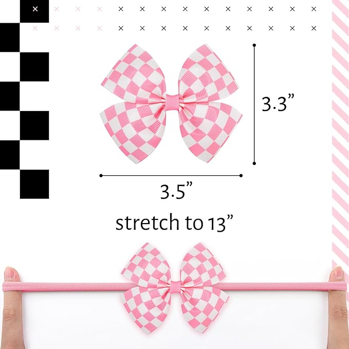 Pink Hair Bows for Girls Racing Baby Bow Checkered Flag White Bow Elastic Nylon Headband for Infant Toddler Newborn Hair Accessories Gift