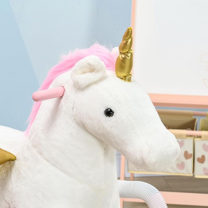 Qaba Kids Spring Rocking Horse Unicon, Ride on Horse for Girls and Boys with Animal Sounds, Plush Animal Ride-on Toy with Soft Feel, Interactive Toy for Kids, Pink