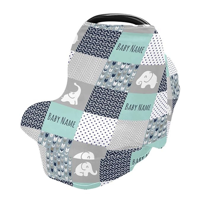 Personalized Baby Car Seat Cover for Boys Girls, Custom Nursing Covers for Breastfeeding with Name, Infant Stroller Cover, Baby Carseat Canopy for Newborn, Multiuse Car Seat Canopies, Cute Elephant
