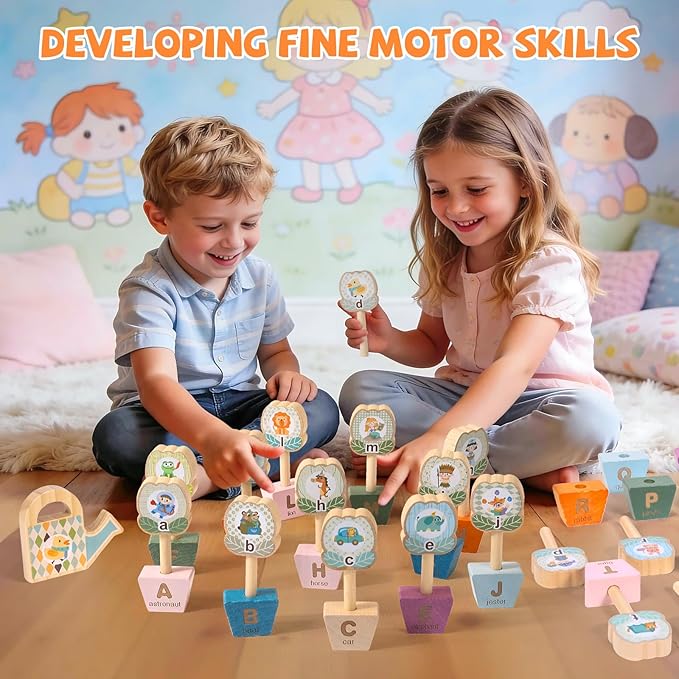 Montessori ABC Learning Toys for Kids, Wooden Matching Games for Toddlers 3-5 - Letter & Flower Matching Alphabet Puzzles with Storage Bag, Fine Motor Skills Toys Gift for Girls Boys 3+ Years Old