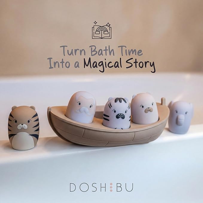 Noah's Ark Silicone Floating Bath Toy Set for Toddlers 18M+ Includes 7 Pieces Boat Animals and Waterproof Bible Storybook Educational Sensory Learning Nordic Color Design Montessori Faith Play