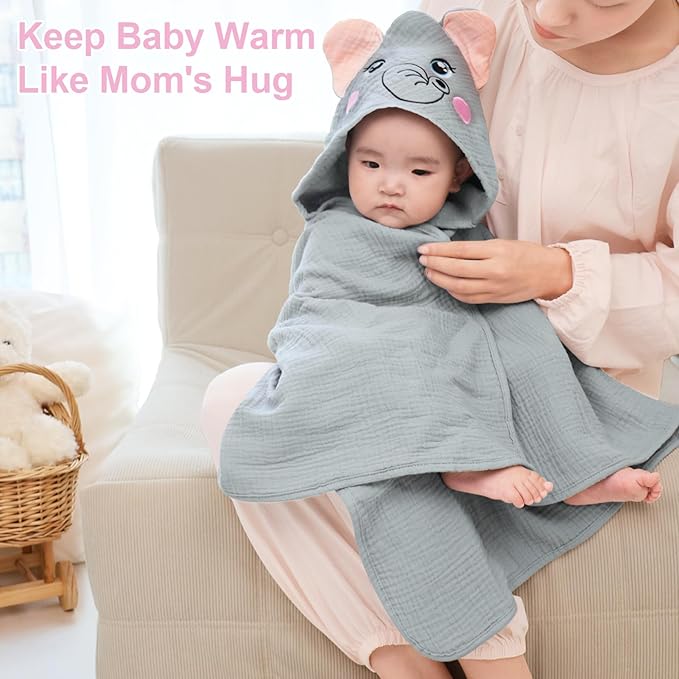 FIOBEE Hooded Baby Towels 100% Muslin Baby Bath Towels for Newborn with Animal Design Ultra-Soft and Absorbent Bath Essentials for Toddler, Unisex Girls Boys 30 x 30 inch, Gray Elephant