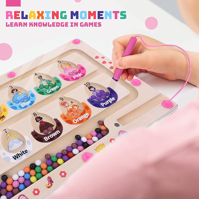 Uiseba Princess Mini Magnetic Color and Number Maze Montessori Toy for Ages 3 4 5, Toddler Busy Board, Educational Preschool Learning Activities, Ideal Christmas & Birthday Gift for Girls and Kids
