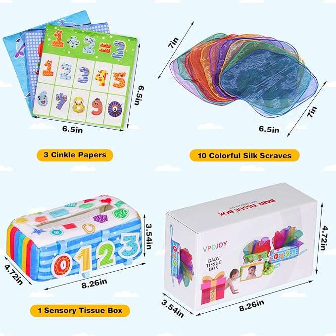 Baby Tissue Box Toy, Soft Montessori Tissue Box Baby Toys 6 to 12 Months, High Contrast Crinkle Paper Sensory Silk Scarves Toys for 1 Year Old Boys Girls Kids Early Learning Gifts