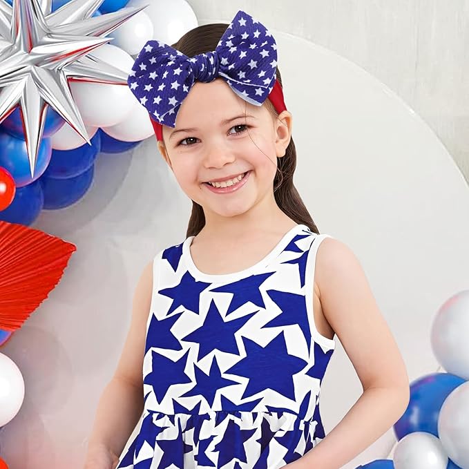 Patriotic 4th of July Hair Accessories for Baby Girls: Toddler Headband with American Flag Bow, White Stars in Red, White, and Blue