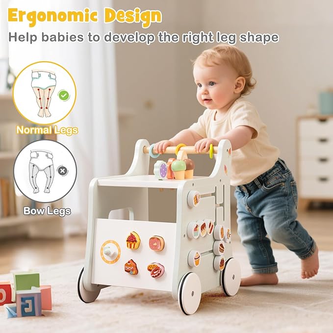 HONEY JOY Baby Push Walker, 8-in-1 Wooden Kids Ice Cream Cart & Activity Walker, Develop Motor Skills & Creativity, Dessert Shop Push Toys for Babies Learning to Walk, Gift for Boys and Girls (Green)