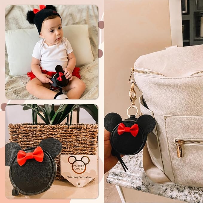 miss fong Pacifier Holder Case with Clip, Pacifier Pouch Cover, Pacifier Charm Pod with Clasp Attach to The Strollers & Diaper Bags, Hold 2 Pacifier or Nipple Shield(Bow Black)