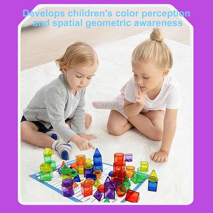 EXBEPE 3D Geometric Solids 60 Pcs for Kids Translucent Geometric Shapes for Geometry Beginnings,Light Table Manipulatives Toy Math Helper School Supplies