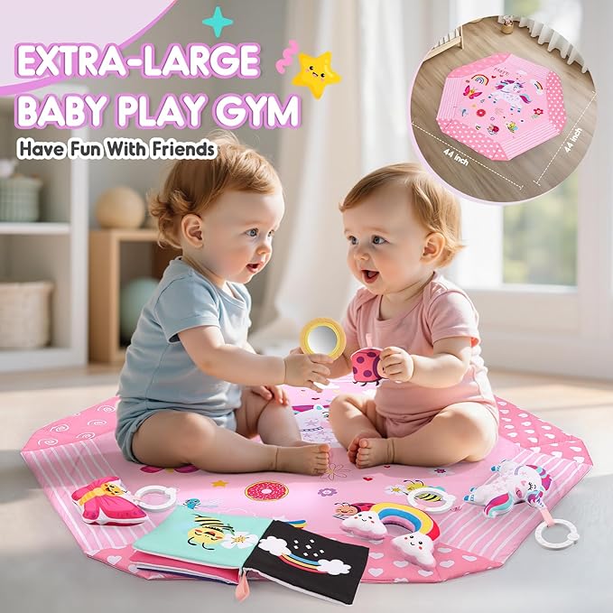 Windidi Unicorn Baby Gym Play Mat, 9-in-1 Tummy Time Mat with 7 Baby Toys, Washable Baby Activity Mat for Visual, Sensory, Motor Development, Newborn Baby Toys Gift for Toddler 0-3-4-6-9-12 Months