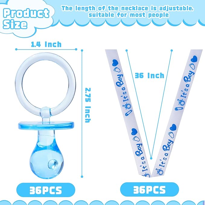 XINHUIDALSQ 36 Baby Shower Pacifiers Necklace, Cute Acrylic Pacifier Necklaces for Baby Shower Games Boy Charm, Party Favors, Decorations DIY, Gender Reveal Table Scatter(Blue)