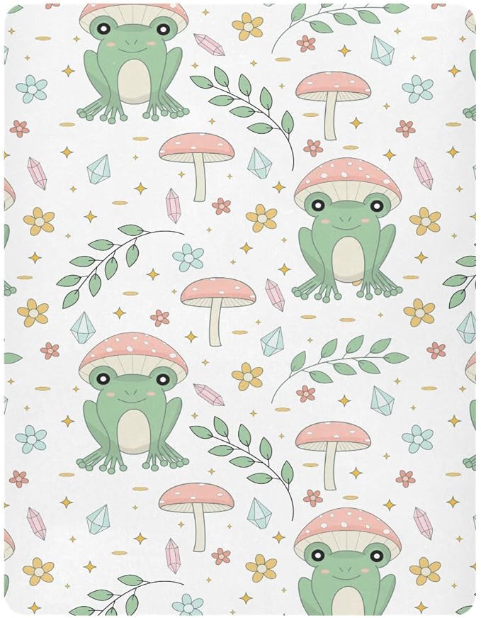 Fitted Crib Sheets Cute Frog Mushrooms Leaves Stretchy Portable Playard Sheets for Baby Toddler, Breathable Soft Mini Crib Mattress 39 x 27 in for Boys and Girls