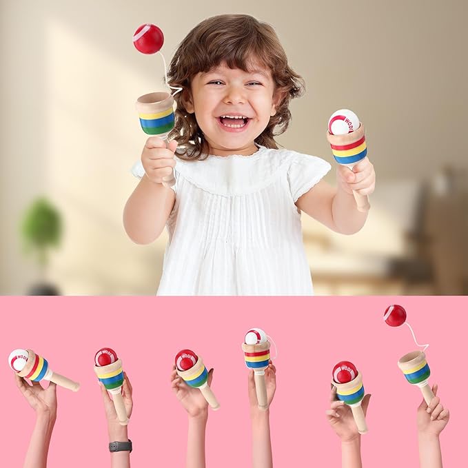 RoundFunny 20 Pcs Wooden Catch Ball Game Mini Wood Ball Catching with String Cup Vintage Catch Toys for Kids Novelty Party Game for Fun Lawn Camping Beach Hand Eye Coordination Educational