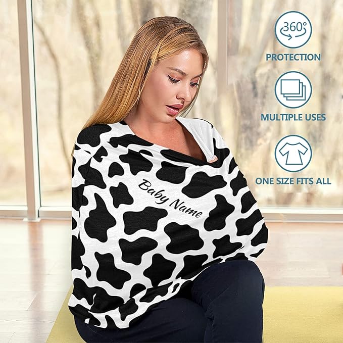 Personalized Cow Stripes Baby Car Seat Covers with Name, Custom Nursing Cover Breastfeeding Scarf Soft Breathable Stretchy Coverage, Infant Stroller Cover for Boys Girls