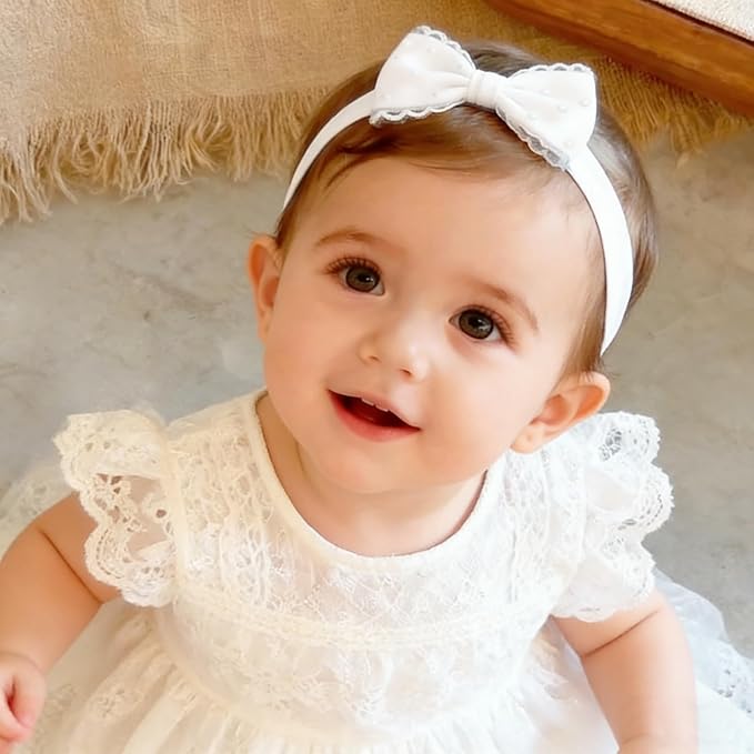 Baby Girls Headband White Bow Lace Headbands Soft Elastic Bowknot Hairbands Cute Hair Accessory for Newborn Kids Infant Toddler Baptism Birthday Party (Bow C)