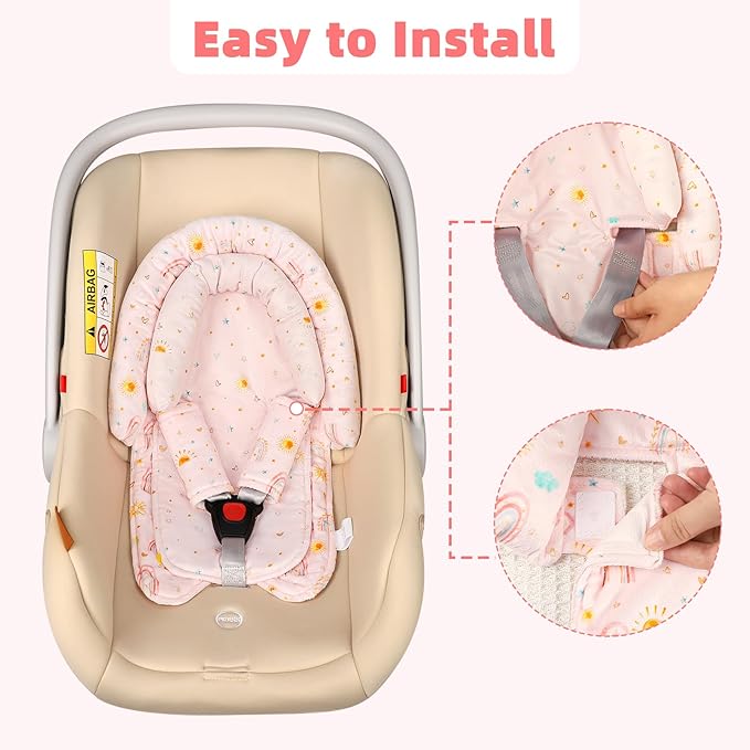 2-in-1 Infant Car Seat Insert, Upgraded Newborn Carseat Insert, Breathable & Soft Baby Car Seat Head Support with 2 Strap Covers for Girls, Perfect for Carseat, Stroller, Swing, Pink