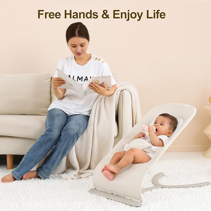 3-in-1 Baby Bouncer & Portable Rocker Chair for Newborn to Toddler - 4 Adjustable Recline Positions, Breathable Cotton Fabric, Natural Vibration, Supports Up to 33 lbs, Khaki