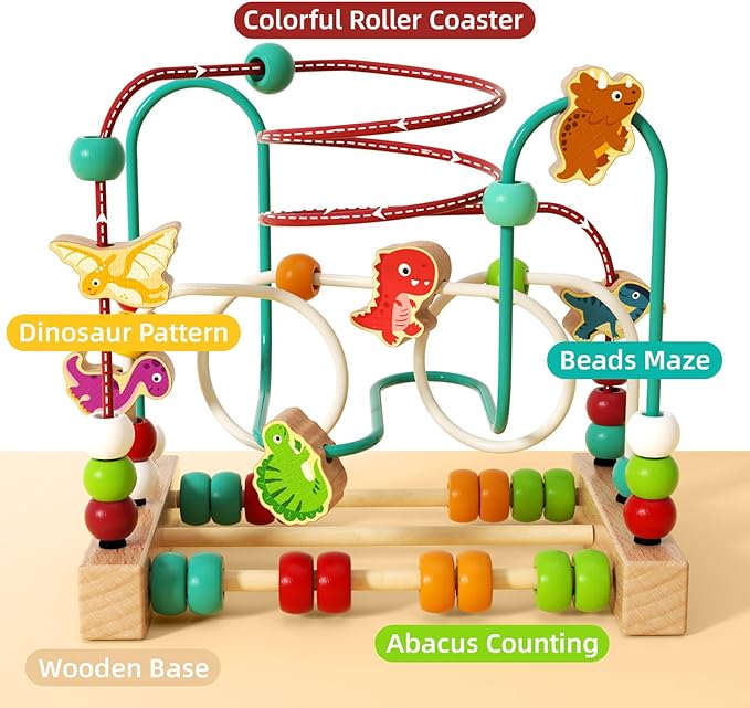 Wooden Bead Maze Roller Coaster Toys for Toddlers, Dinosaur Colorful Shape Montessori Toys for 2-3 Year Old, Educational Learning Counting Toy for Baby Kids, Gift for Girls Boys