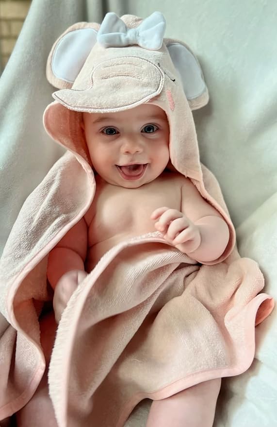 Baby Animal Hooded Towel and Washcloth Set for Newborns, Infants, Toddlers Boys and Girls 3-24 Months (Delicate Pink Elephant)
