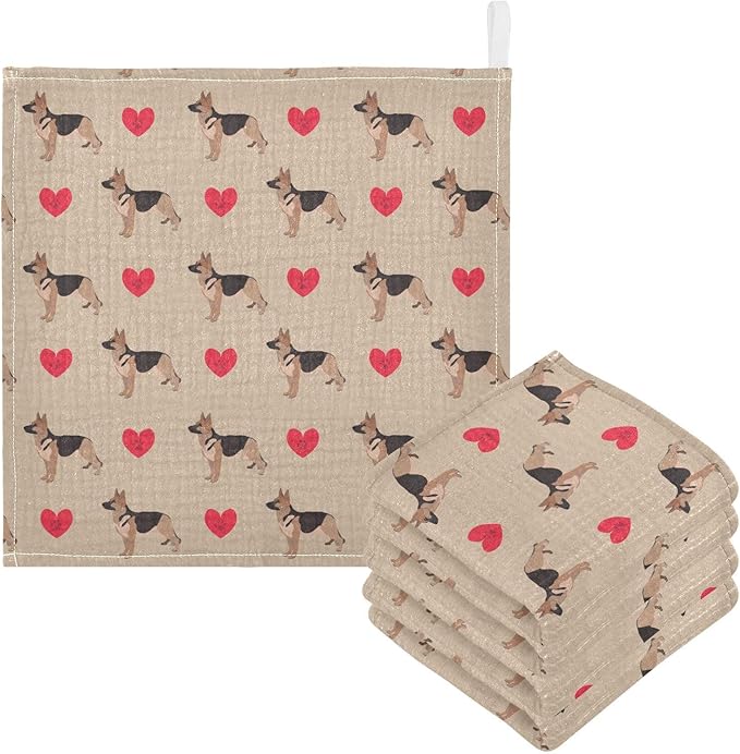 Newborn Face Towel Dog German Shepherd Hearts Soft Cotton Baby Washcloths 11.8 x 11.8 Inch Infants Girls Boys Muslin Burp Cloths 5 Pack
