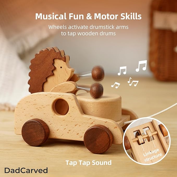 Hedgehog Pull-Along Toy | Musical Wooden Pull Toy with Wooden Grip Ring | Natural Drumming Sound for Toddlers 1.5+ Years