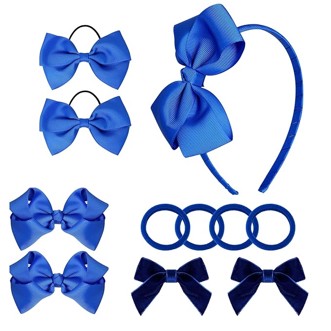 baotongle 11pcs Royal Blue School Hair Accessories Set Uniform Hair Bow Headband Clips Hair Ties Curly Bows for Little Toddler School Girls (Royal Blue)