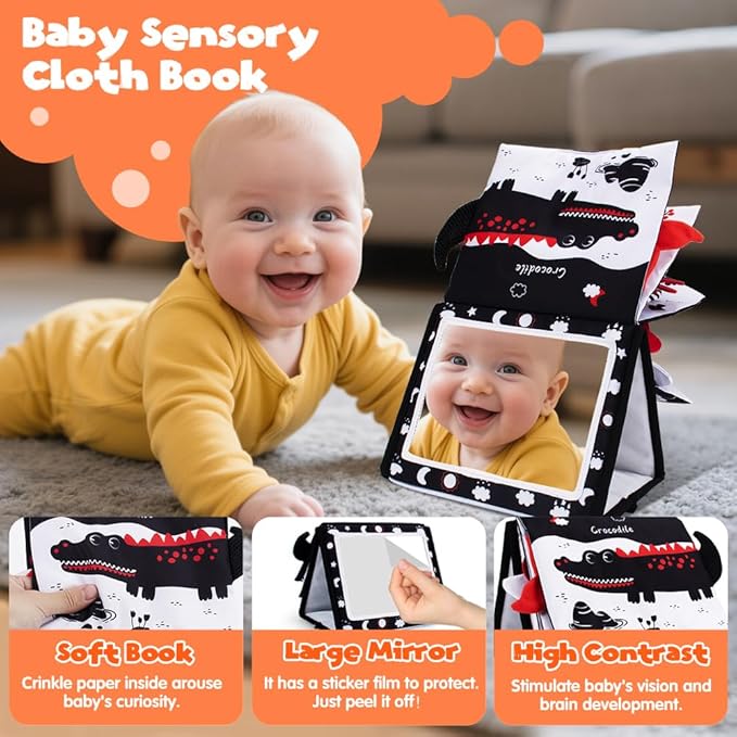 Black and White Baby Books for Newborn, Tummy Time Mirror, Baby Mirror Infant Toys with Soft Cloth Book, High Contrast Baby Toys, 3D Activity Crinkle Pages Sensory Tummy Time Toys for Babies