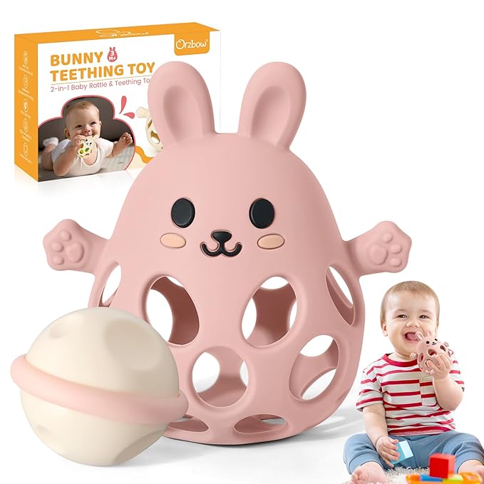 Orzbow Bunny Teether for Baby, Easter Teether with 2 in 1 Rattle & Teething, Easy Grasp Teething Mittens for Babies 3-12 Months, Food Grade Silicone, Newborn Infant Easter Basket Stuffers Gifts, Pink