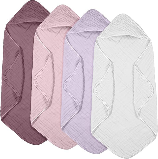 Peryiter 4 Pcs Muslin Hooded Baby Towels, 32"x 32" Cotton Newborn Bath Towel Muslin Infant Baby Blankets Absorbent Unisex Newborn Registry Gift Essentials for Girls Boys (Boho Colors)