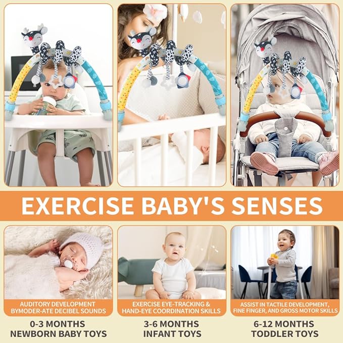 Caterbee Baby Bjorn Bounce Arch Toy bar, Black and White with Stretch & Spiral Hanging Activity Set, Adjustable Clamp for Strollers, Cribs & Car Seats, Includes Rattles, Squeaker & Teether (01)