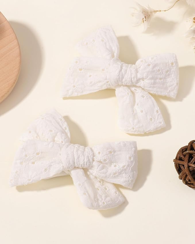 Jollybows 2pcs 3.2" Hair Bows Clips for Baby Girl Toddler Pigtail Neutral Linen Hair Clip Bows -White Eyelet