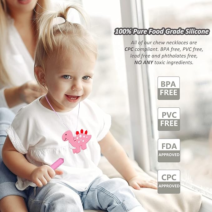Chew Necklace for Sensory Kids Girls, 6 Pack Chewy Necklace Sensory Chew Toys for Autistic Children or Adults with ADHD, SPD, Anxiety, Silicone Pink Dinosaur Stim Toy - BPA Free