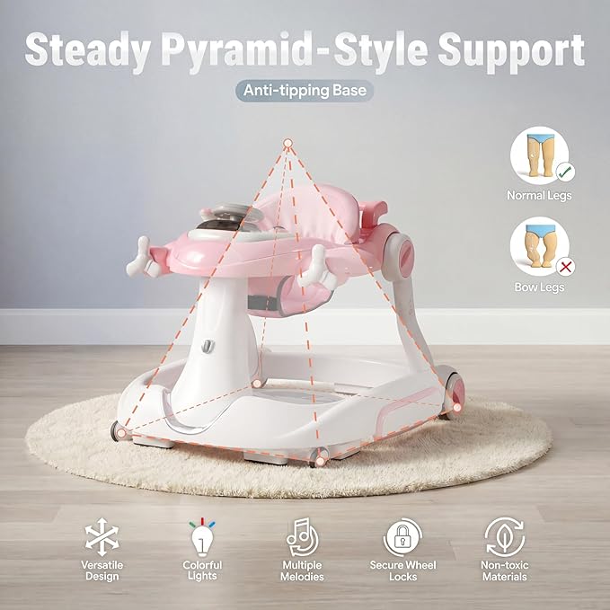 7 in 1 Foldable Baby Walker, Infant Activity Walker w/Adjustable Height, Detachable Play Tray with Music & Light, Baby Push Walker with Wheels for Boys Girls 7-18 Months, Speed Control, Pink