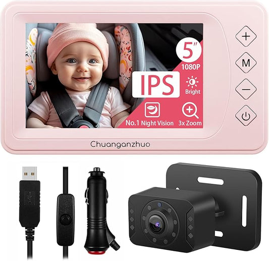 Baby Car Camera with NO.1 Night Vision, 3X Zoom, USB Powered, 5'' HD 1080P IPS Crystal-Clear Car Baby Monitor, Backseat/Carseat Camera for Kids Infants Rear Facing, S100U Light Pink