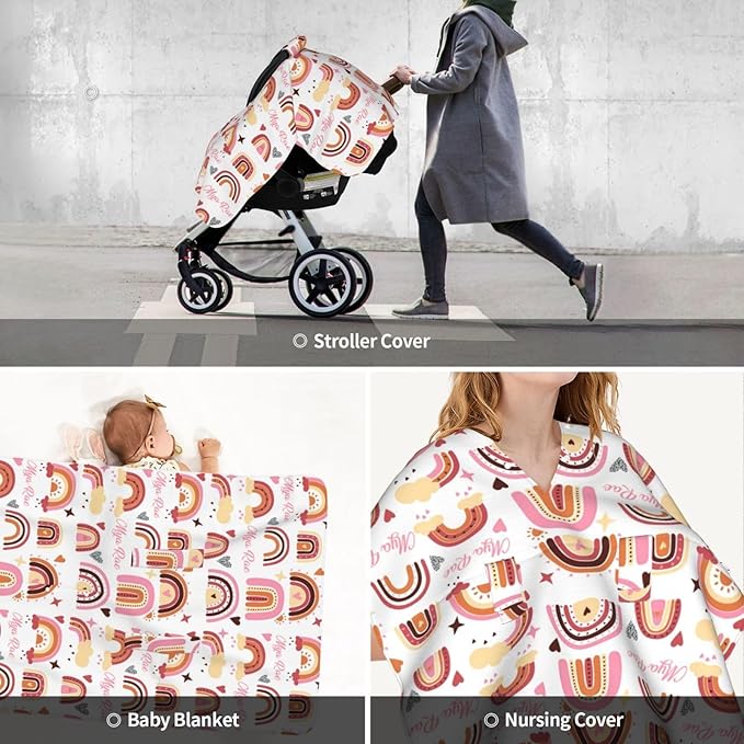 Personalized Baby Car Seat Canopy with Name, Colorful Rainbow Nursing Cover & Infant Car Seat Canopy, Shower Gift for Newborn Baby Girls