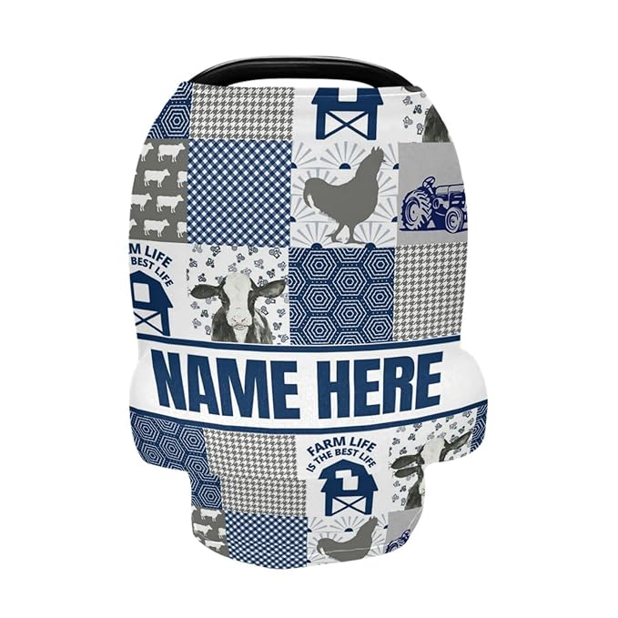 Personalized Cute Cow Blue Baby Car Seat Cover for Babies with Name, Custom Farm Theme Baby Car Seats Canopy for Boys Girls, Nursing Breastfeeding Stroller Covers Infant Car Seat Blanket for Newborn