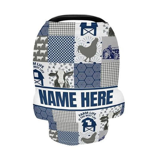 Personalized Cute Cow Blue Baby Car Seat Cover for Babies with Name, Custom Farm Theme Baby Car Seats Canopy for Boys Girls, Nursing Breastfeeding Stroller Covers Infant Car Seat Blanket for Newborn