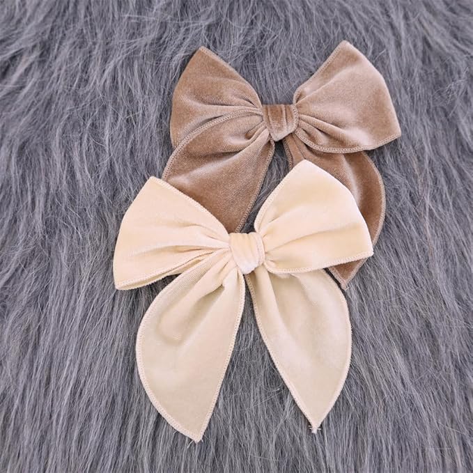 Pack of 4 Large Velvet Fable Bow Hair Clips for Kids Toddler Girl Mom Velvet Hair Bow Alligator Clips Baby Girls Women Hair Accessories (Cream/Mauve)