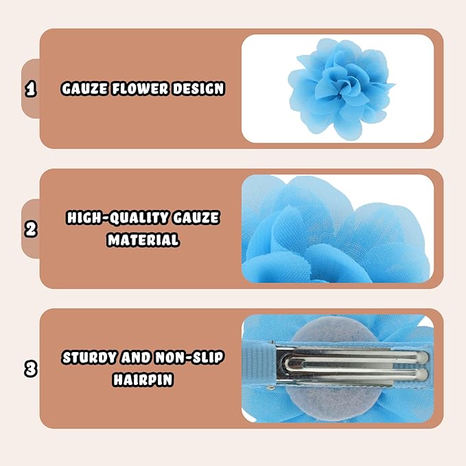24 PCS 2" Chiffon Flower Hair Bows Clips Artificial Fabric Flower Tiny Baby Hair Clips Fine Accessories for Women Girls Kids (Light blue)