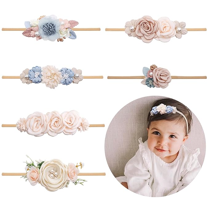 Baby Girl Flower Headband 6 PCS Elastic Hairbands Handmade Nylon Bows Headbands Chic Floral Hair Accessories Kids Gifts for Newborn Infant Toddlers